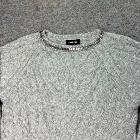 Express Womens Gray Rhinestone Cable Knit Long Sleeve Pullover Sweater - Picture 1 of 7
